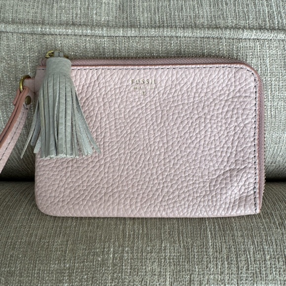 Fossil Pebbled Leather Zip Around Tara Wristlet Wallet with Tassel Dusty Rose - Picture 3 of 7